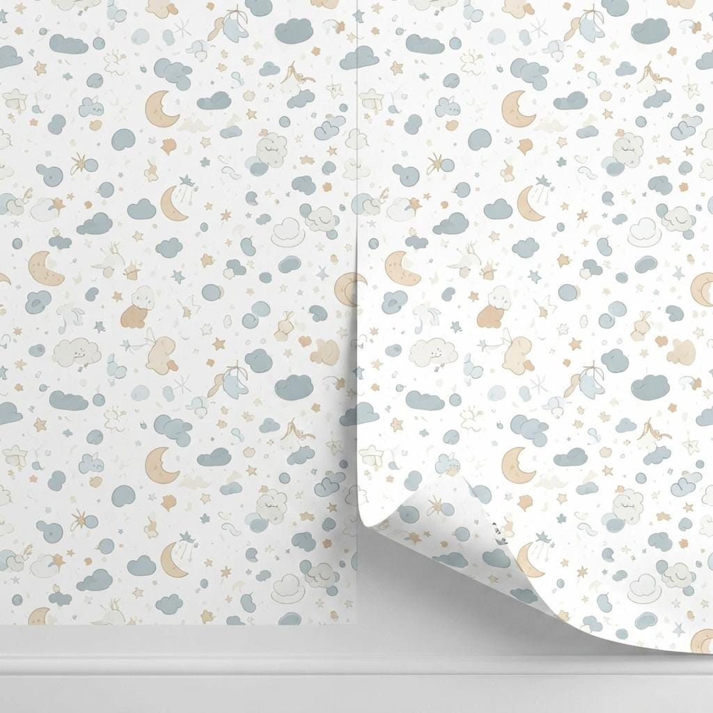 Moon and Stars Nursery Wallpaper – Blue Celestial Peel and Stick Wall Mural-WP0117