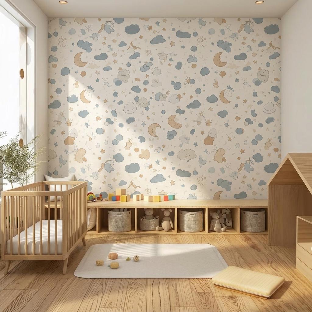 Moon and Stars Nursery Wallpaper – Blue Celestial Peel and Stick Wall Mural-WP0117