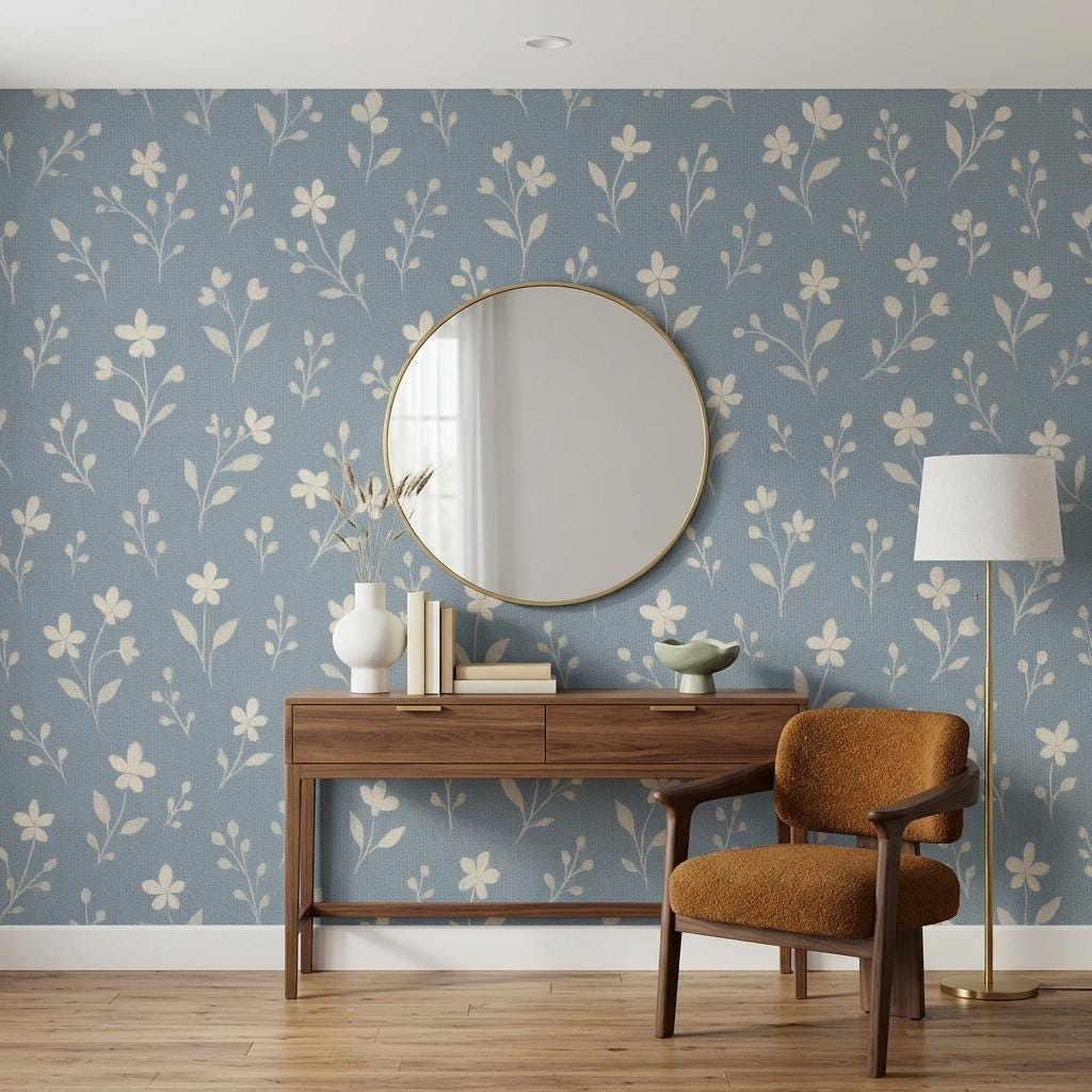 Vintage Wildflower Wallpaper – Blue Cottagecore Botanical Wall Mural-WP0155