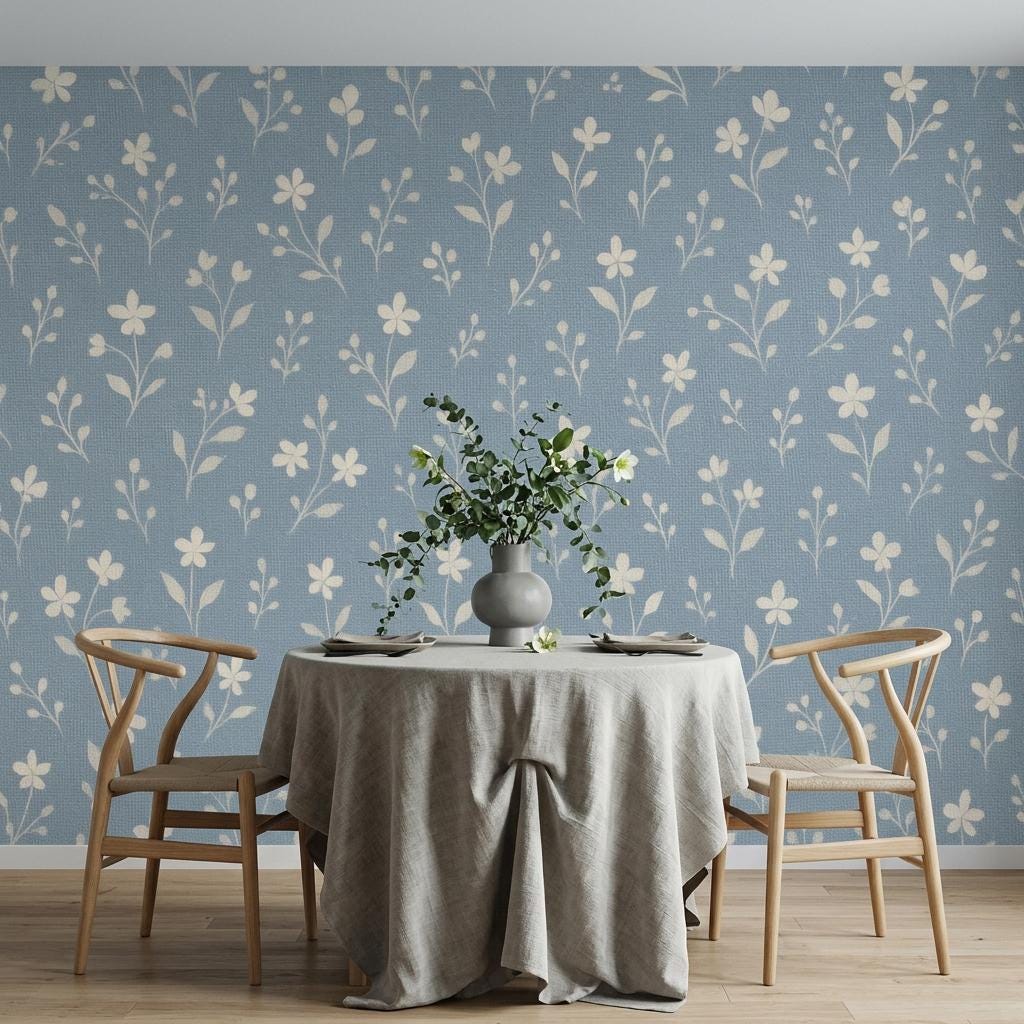Vintage Wildflower Wallpaper – Blue Cottagecore Botanical Wall Mural-WP0155