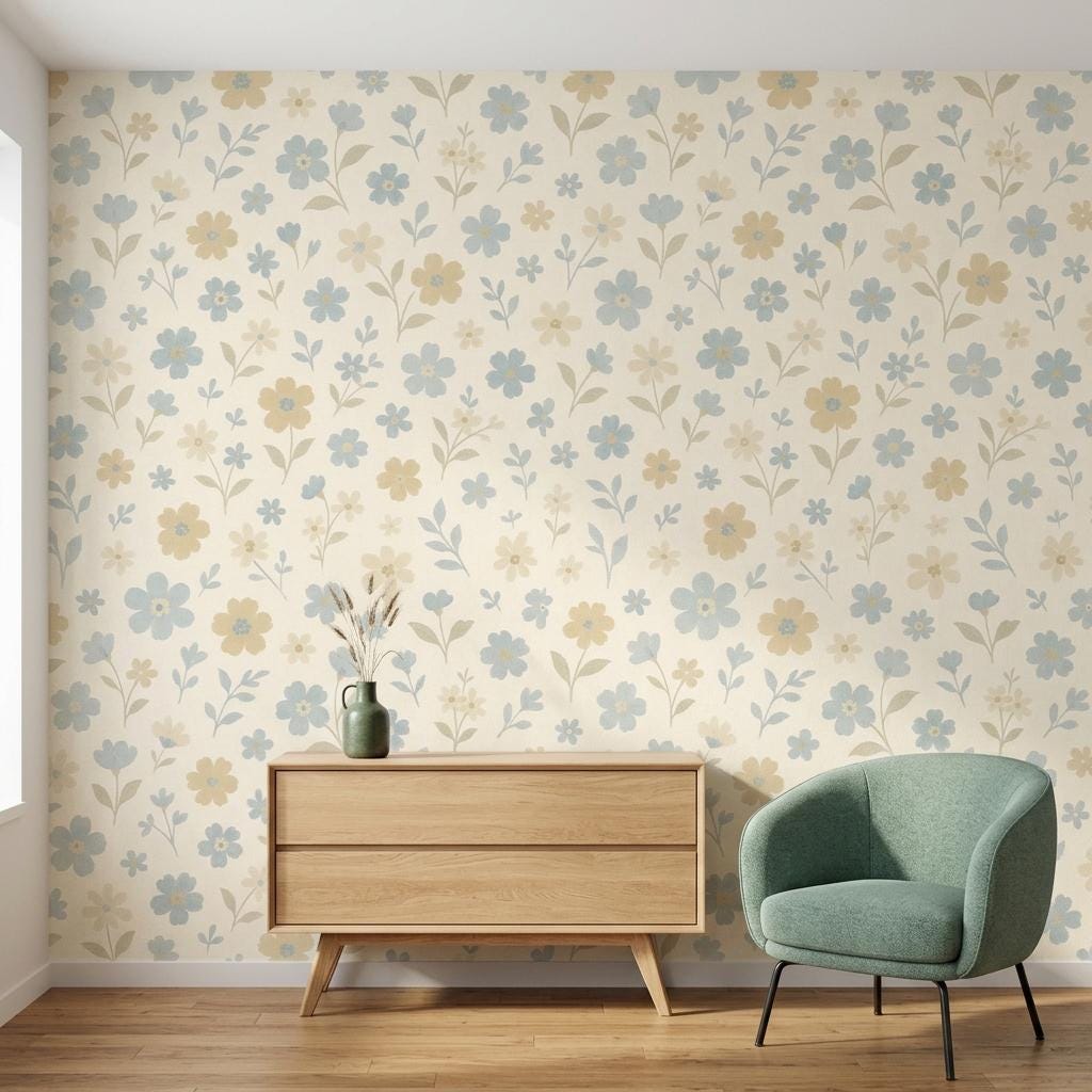 Vintage Floral Wallpaper – Blue Cottagecore Peel and Stick Mural-WP0134