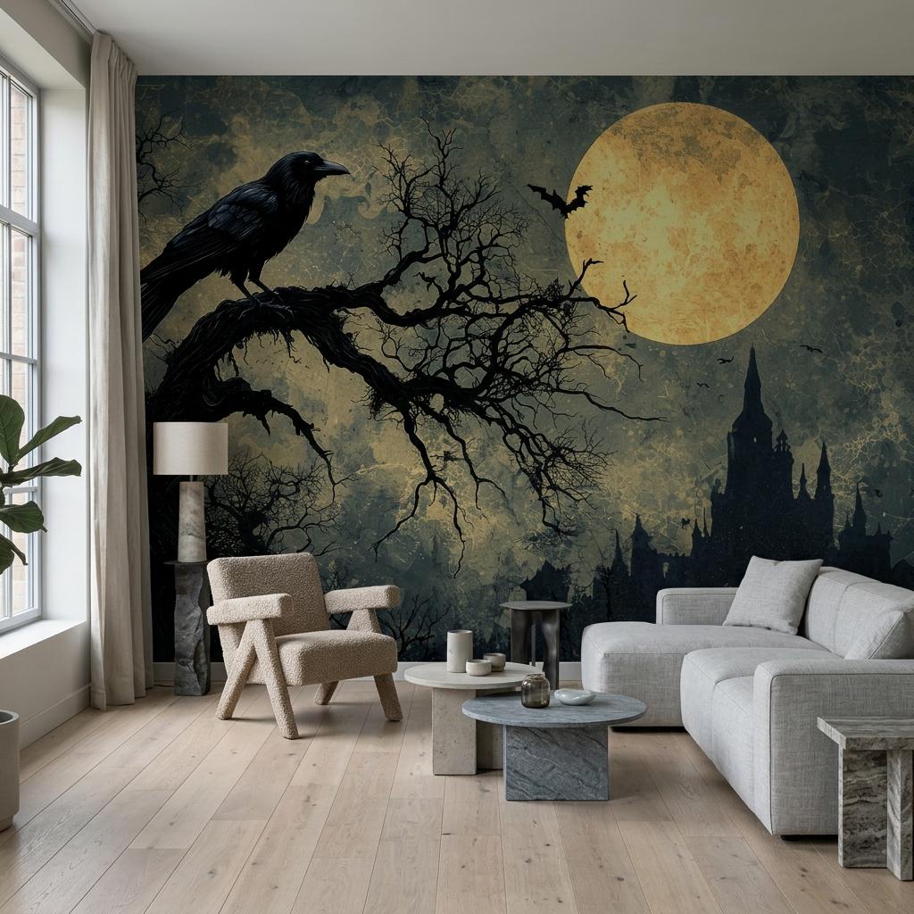 Gothic Raven Wallpaper – Full Moon Dark Forest Wall Mural-WP0168