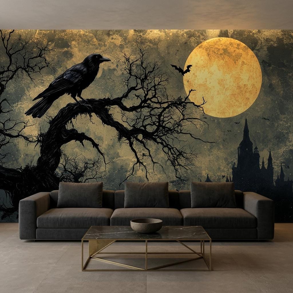 Gothic Raven Wallpaper – Full Moon Dark Forest Wall Mural-WP0168