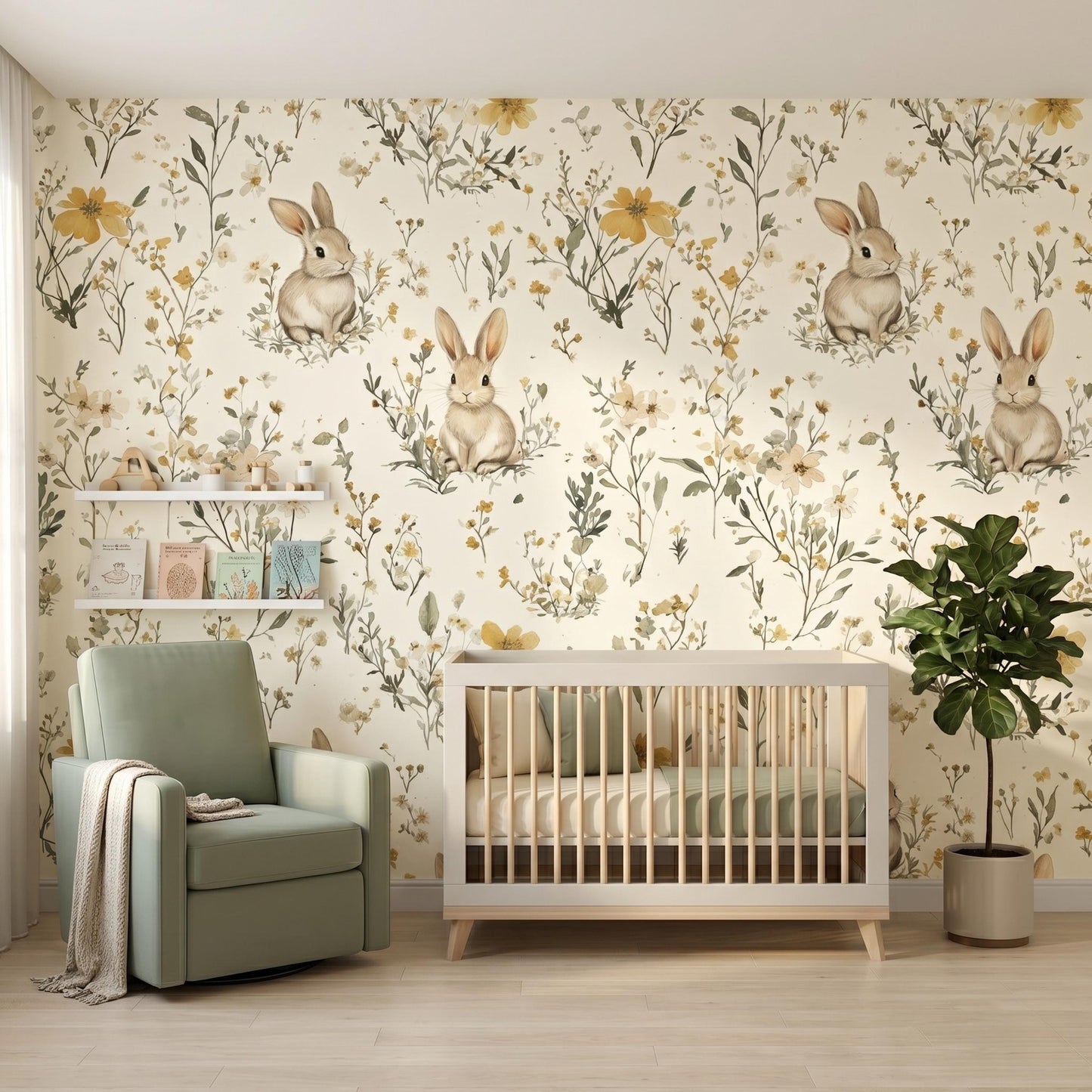 Vintage Floral Woodland Bunny Wallpaper for Nursery and Playroom-WP0158