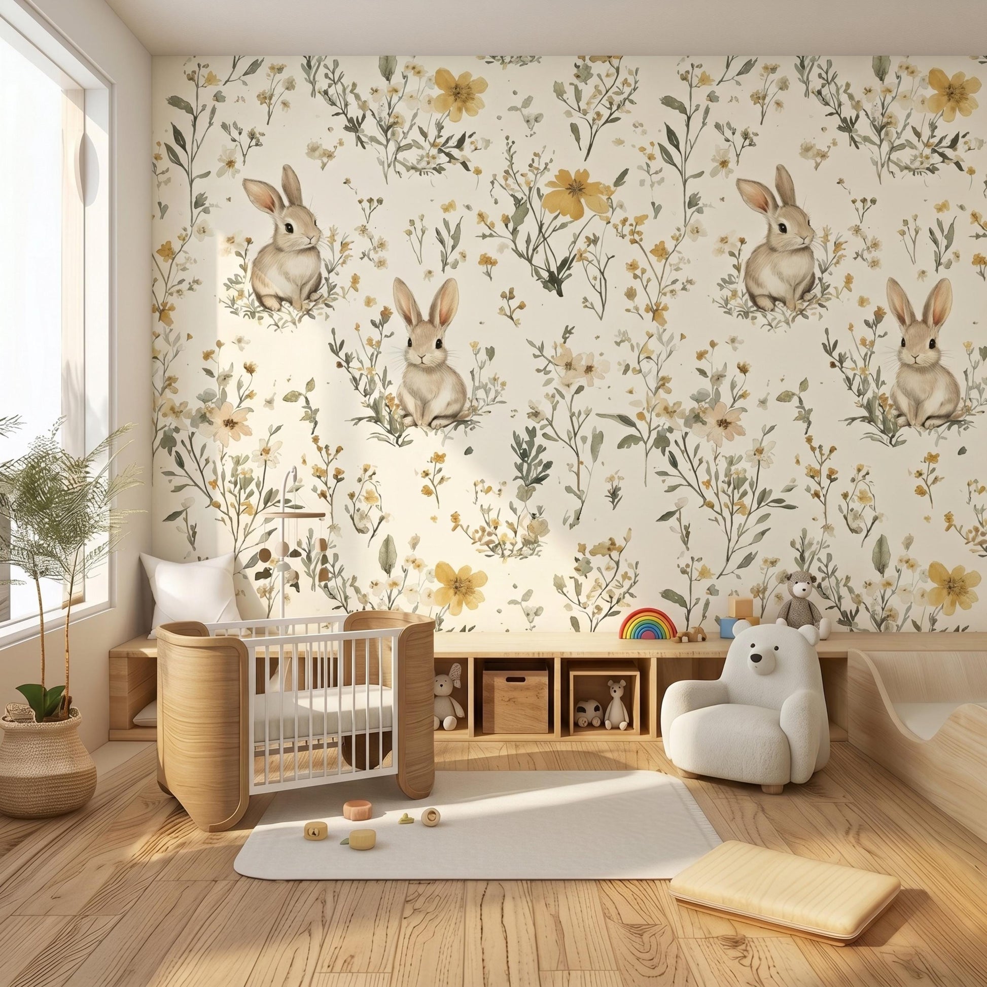 Vintage Floral Woodland Bunny Wallpaper for Nursery and Playroom-WP0158