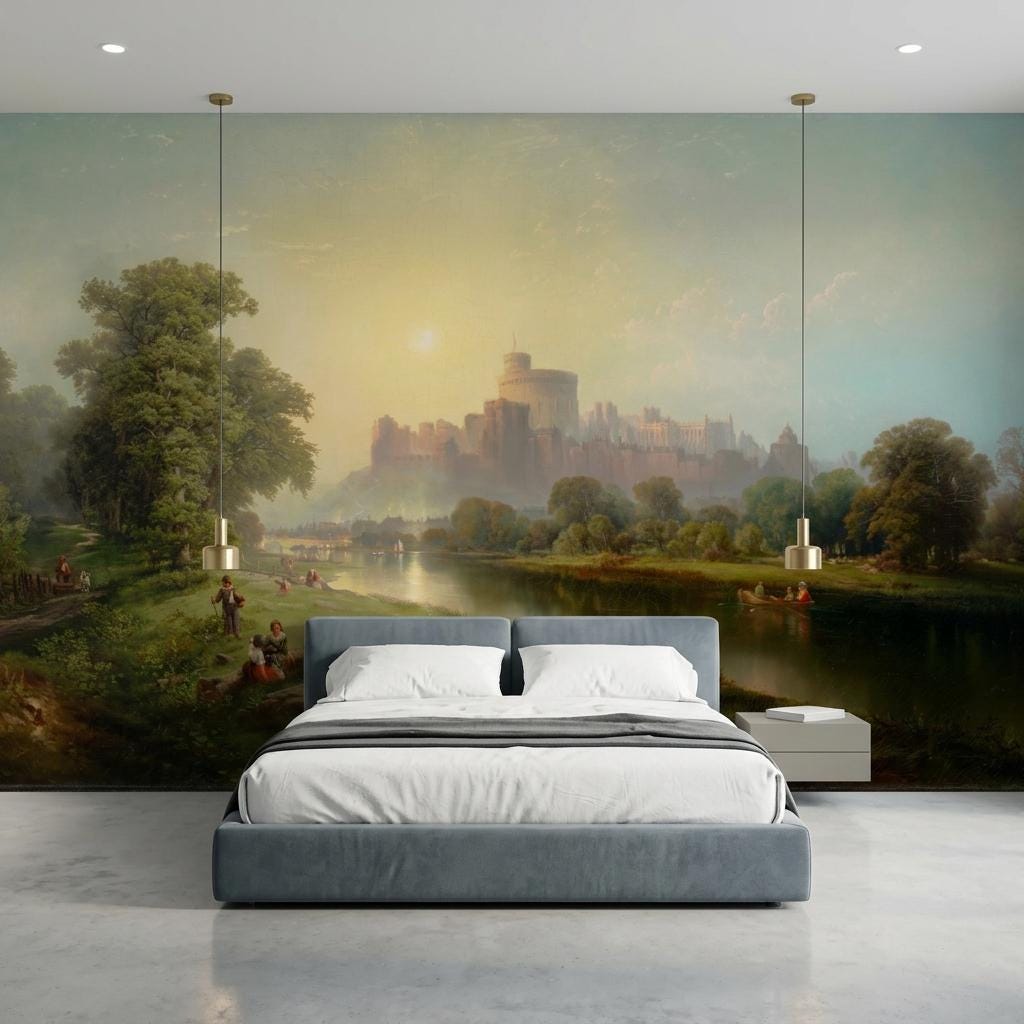 Classical Oil Painting Landscape Wallpaper Mural – Vintage European Castle Wall Art-WP0169