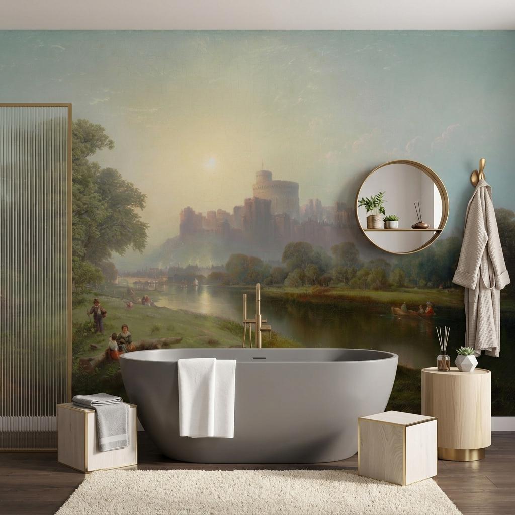 Classical Oil Painting Landscape Wallpaper Mural – Vintage European Castle Wall Art-WP0169