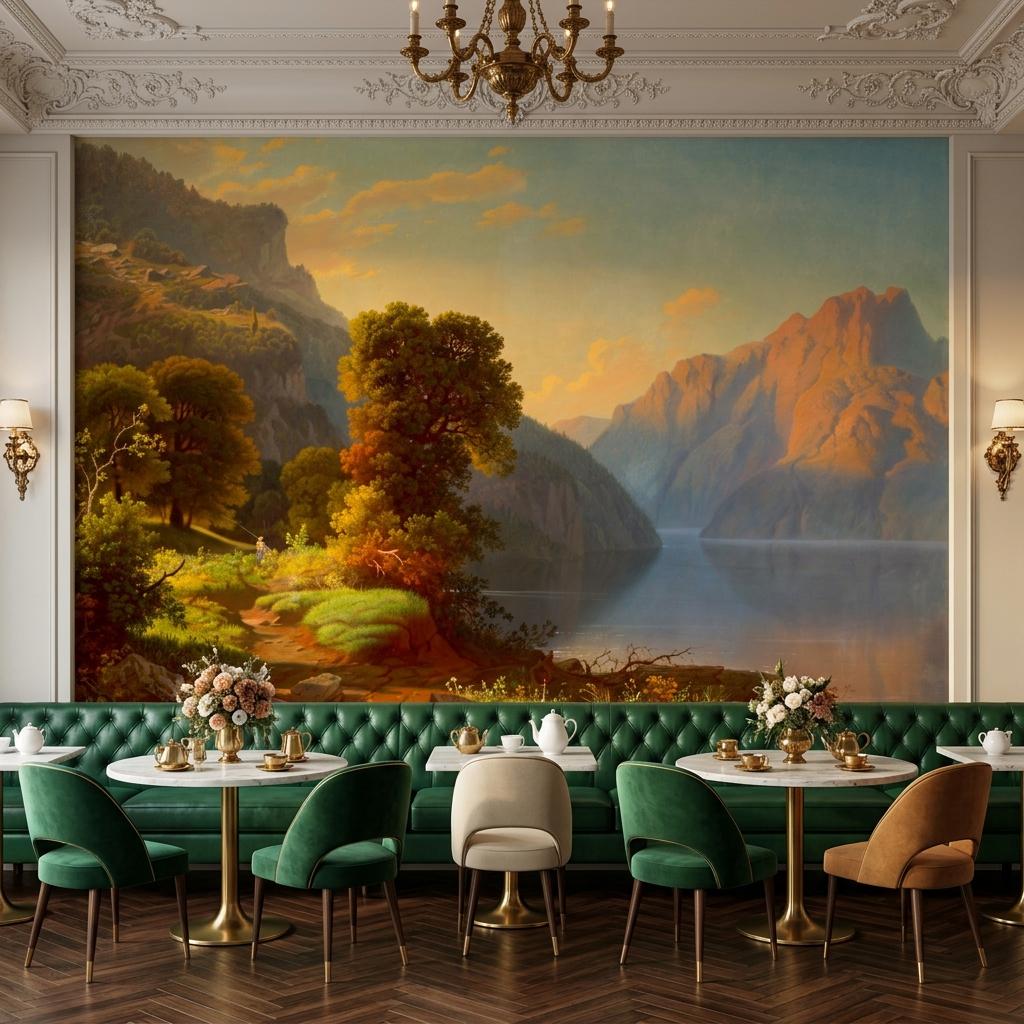 Golden Sunset Mountain Lake Wallpaper Mural – Classical Landscape Wall Art-WP0170