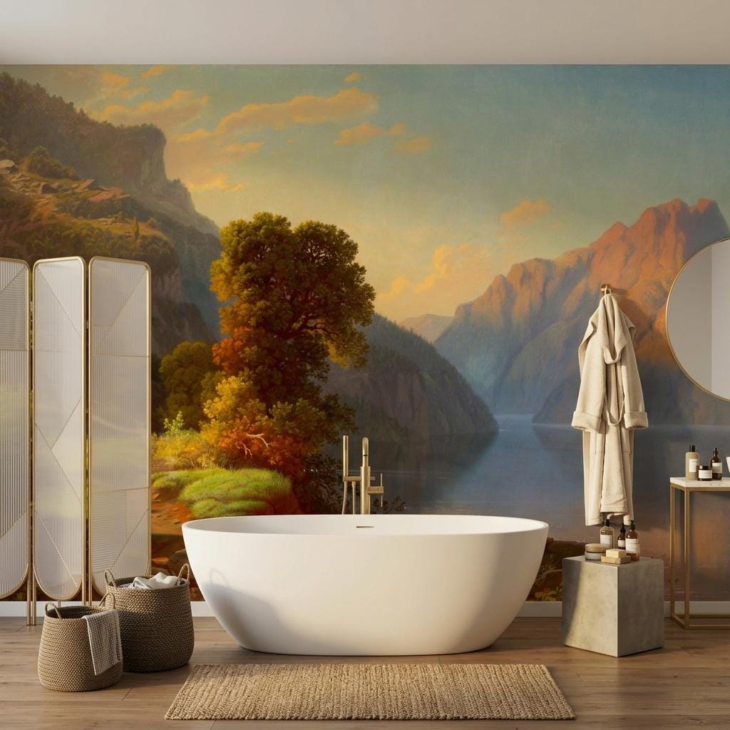 Golden Sunset Mountain Lake Wallpaper Mural – Classical Landscape Wall Art-WP0170