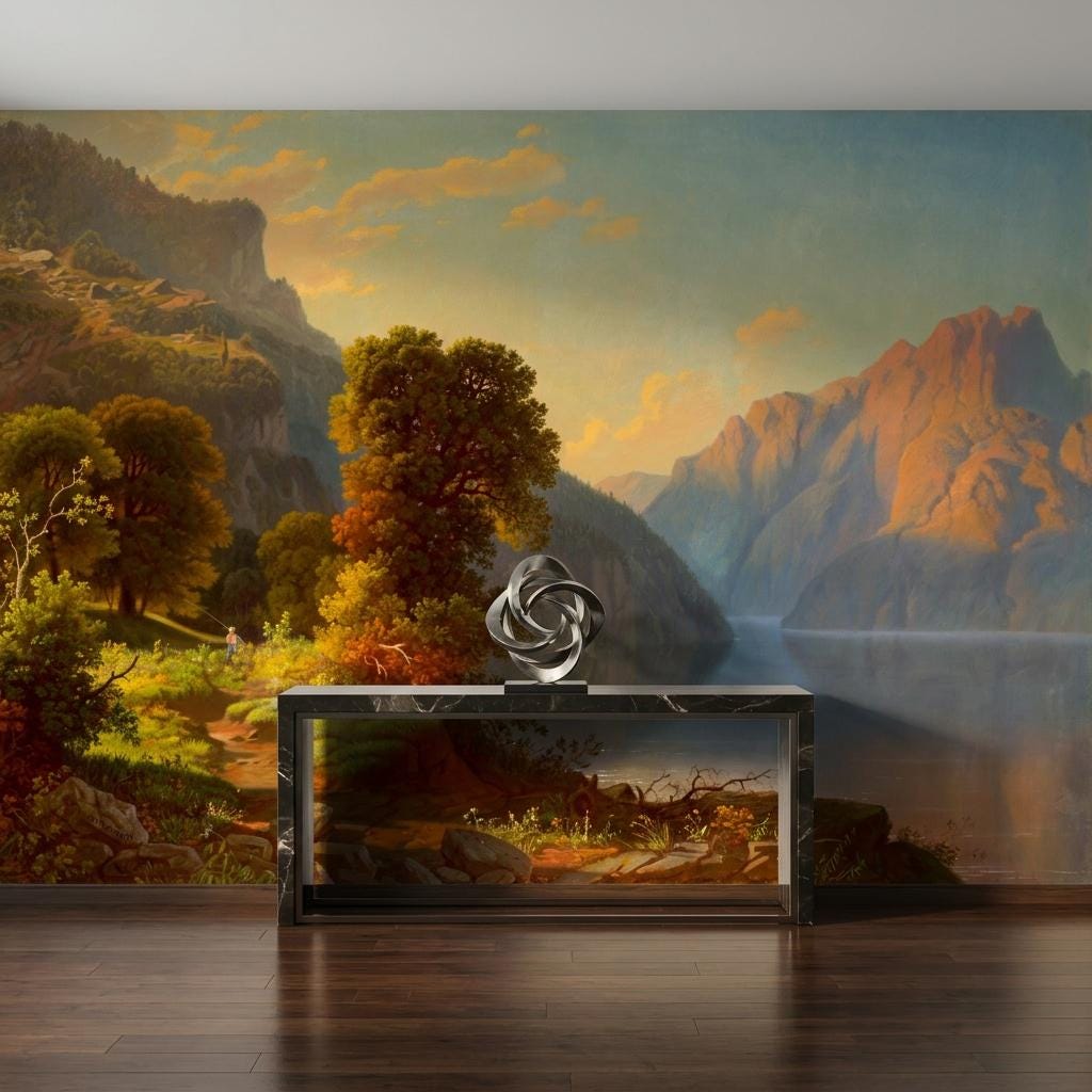 Golden Sunset Mountain Lake Wallpaper Mural – Classical Landscape Wall Art-WP0170