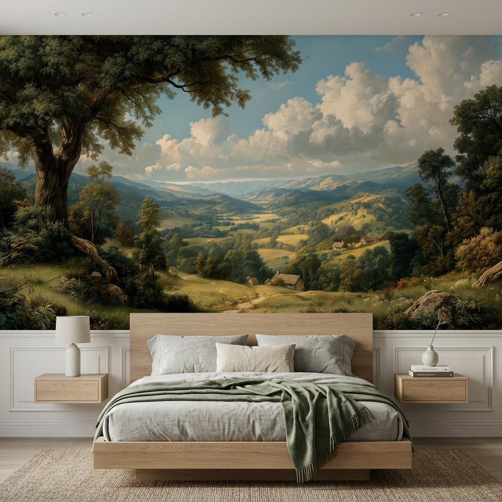 Vintage Landscape Wallpaper,Rustic Countryside Mural,Peel and Stick Wall Decor-WP0173