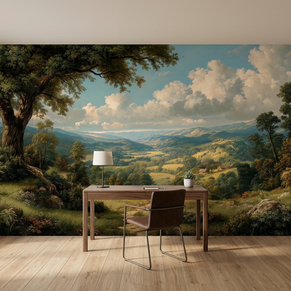 Vintage Landscape Wallpaper,Rustic Countryside Mural,Peel and Stick Wall Decor-WP0173