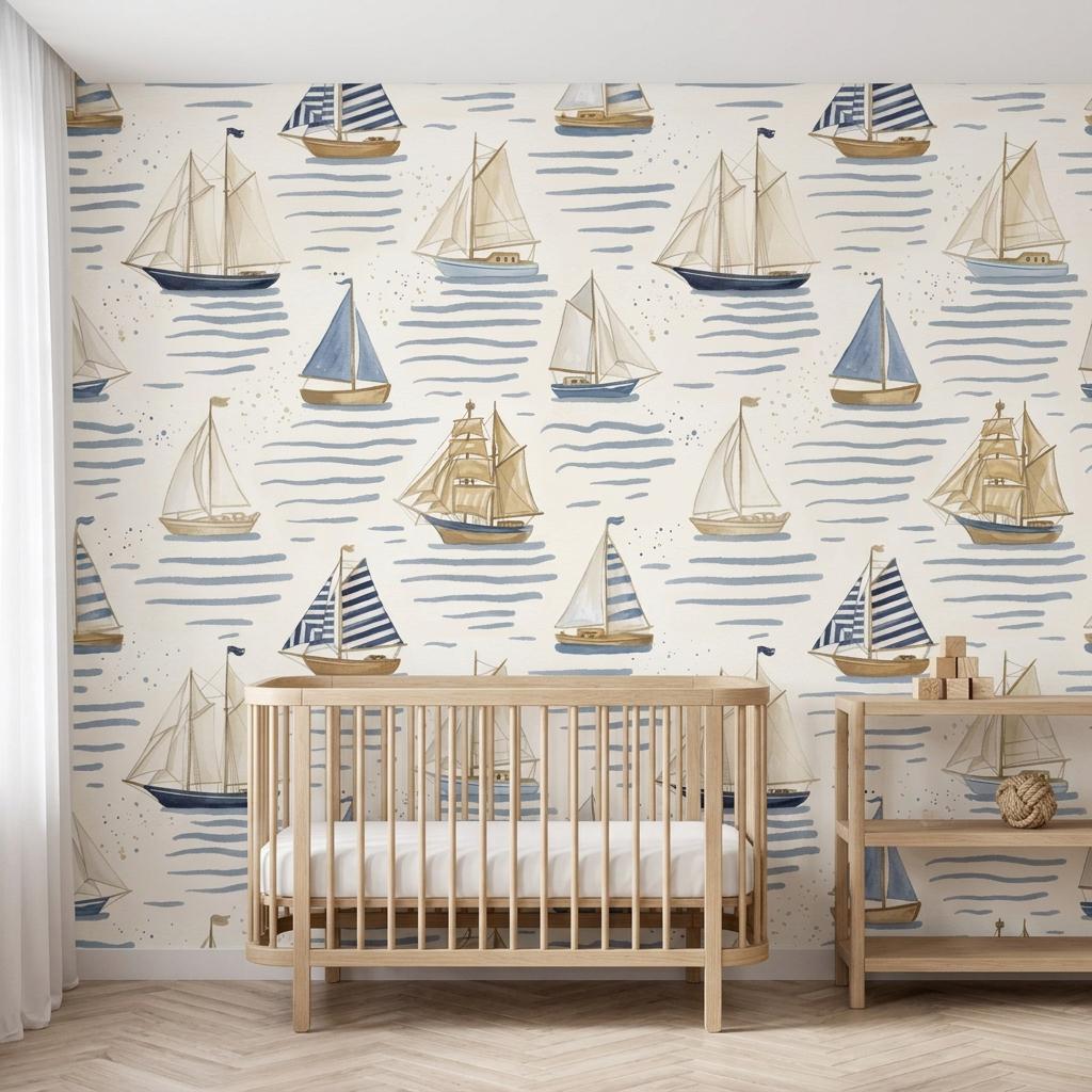 Blue Nautical Sailboat Wallpaper Mural for Coastal Nursery-WP0174