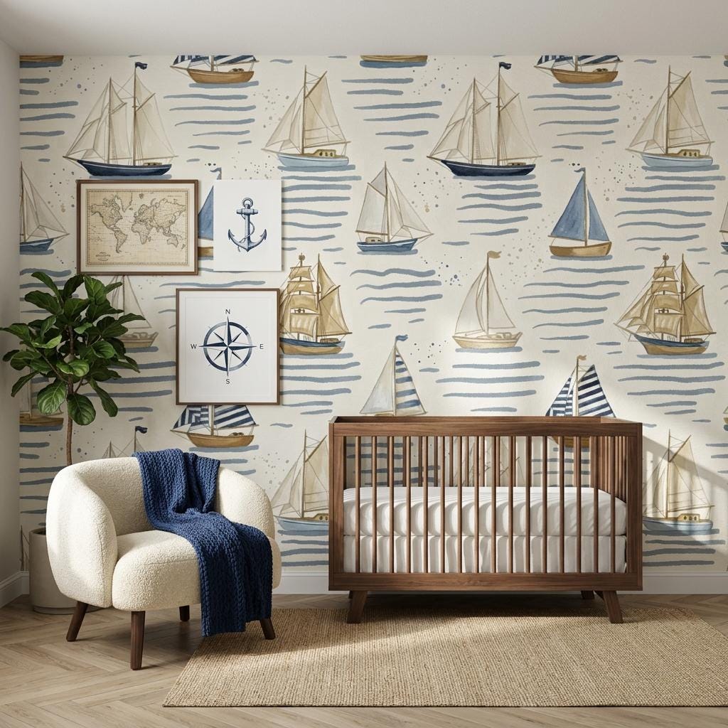 Blue Nautical Sailboat Wallpaper Mural for Coastal Nursery-WP0174