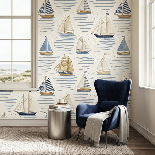 Blue Nautical Sailboat Wallpaper Mural for Coastal Nursery-WP0174