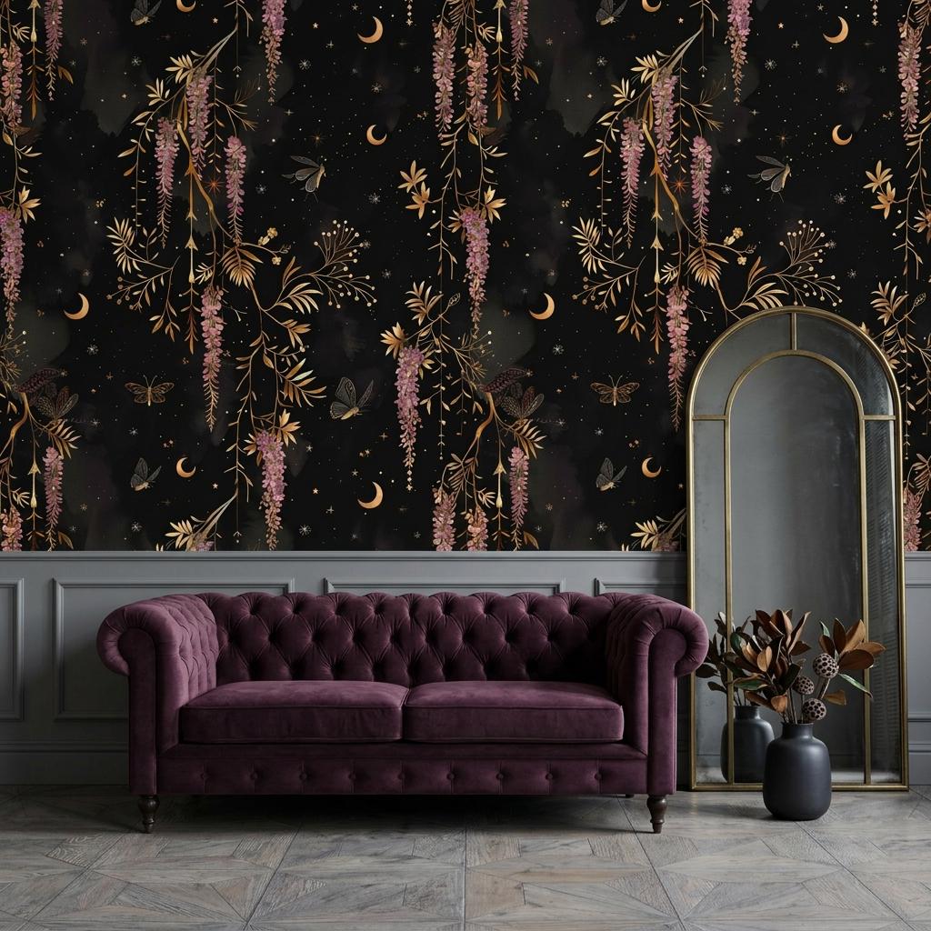 Dark Celestial Wisteria Wallpaper, Moody Moon Star Floral Mural Peel and Stick-WP0176
