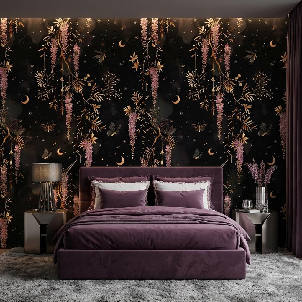 Dark Celestial Wisteria Wallpaper, Moody Moon Star Floral Mural Peel and Stick-WP0176