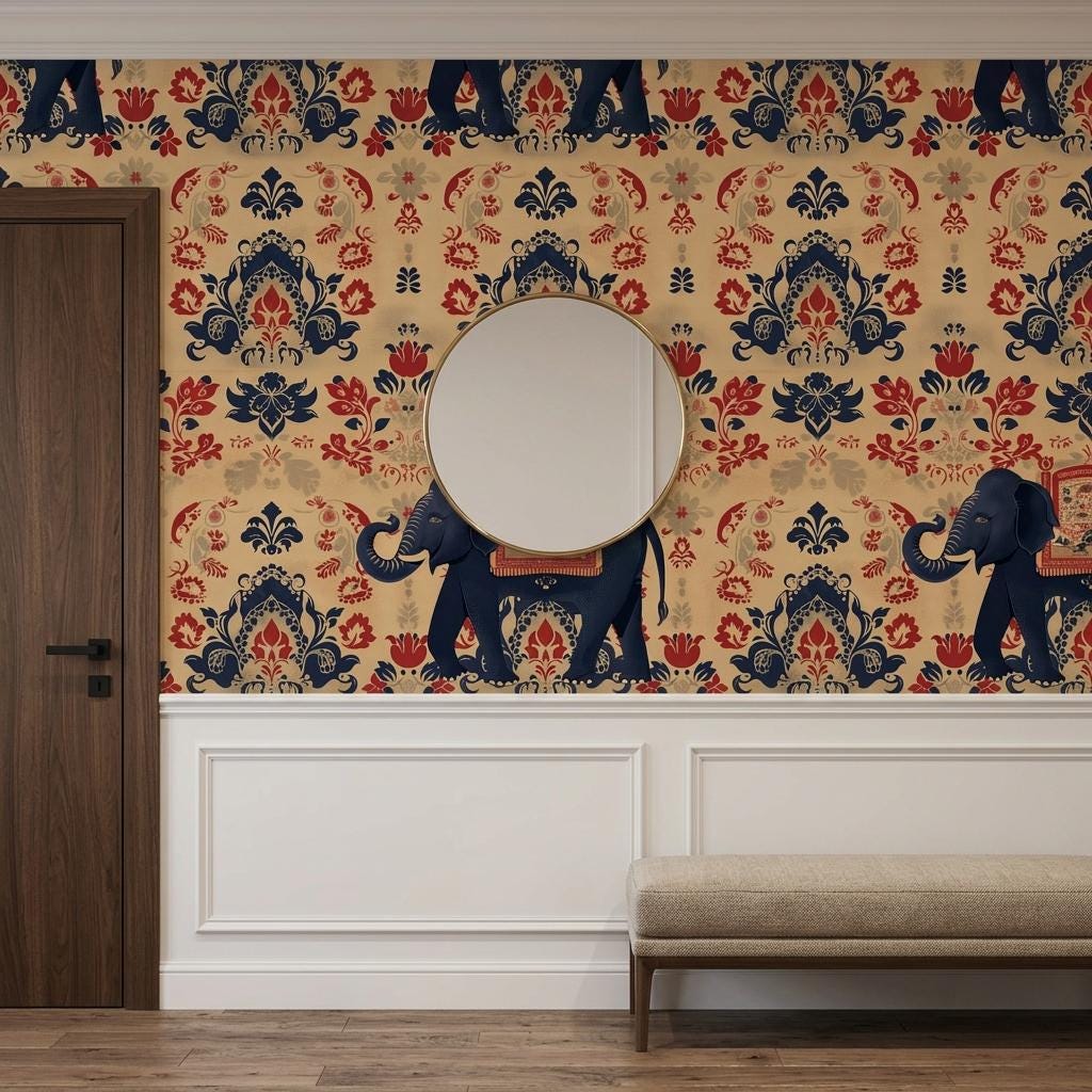 Indian Elephant Damask Traditional Bohemian Wallpaper, Exotic Animal Wall Mural, Maximalist Home Decor, Navy Blue Accent Wall-WP0177