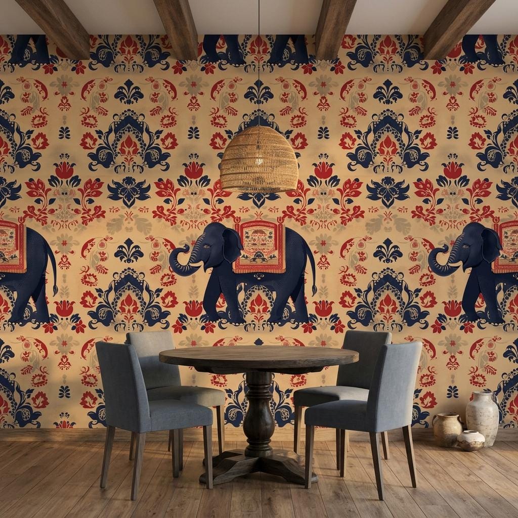 Indian Elephant Damask Traditional Bohemian Wallpaper, Exotic Animal Wall Mural, Maximalist Home Decor, Navy Blue Accent Wall-WP0177