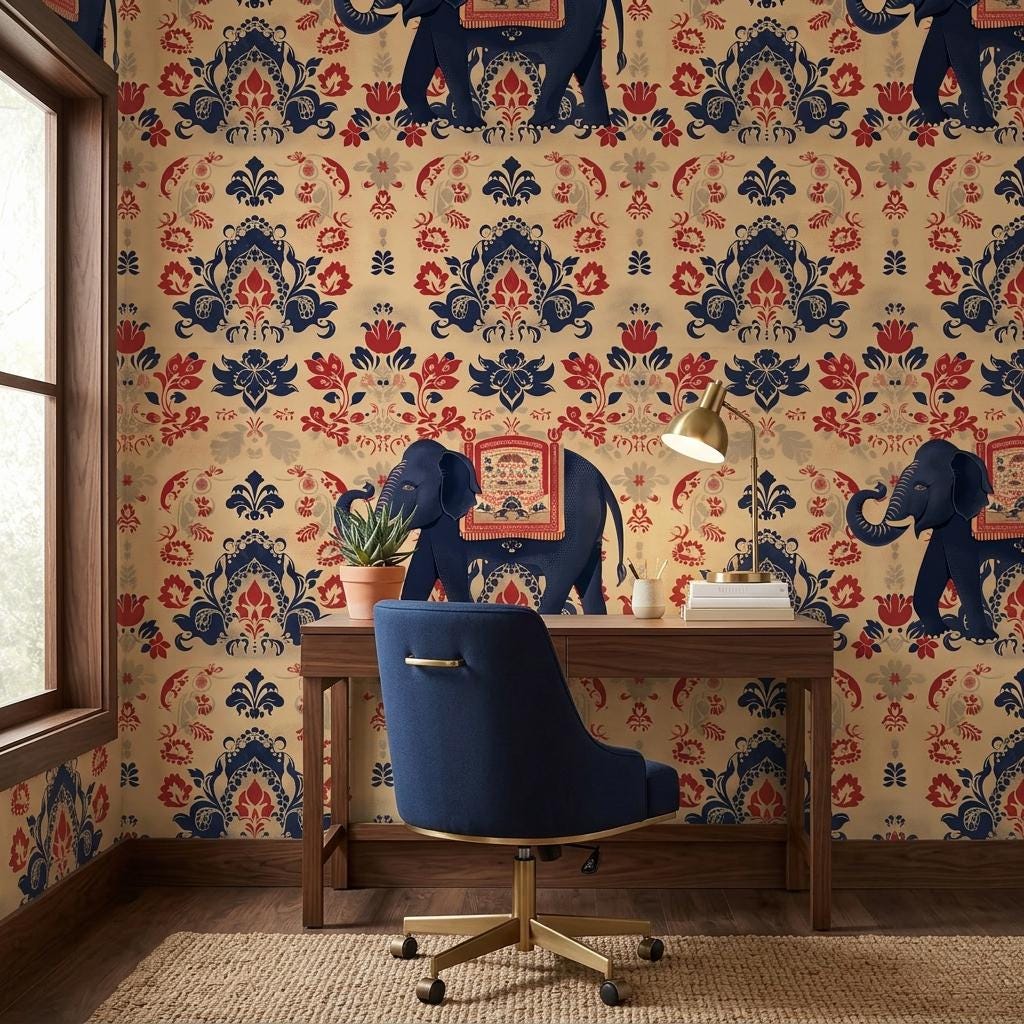 Indian Elephant Damask Traditional Bohemian Wallpaper, Exotic Animal Wall Mural, Maximalist Home Decor, Navy Blue Accent Wall-WP0177