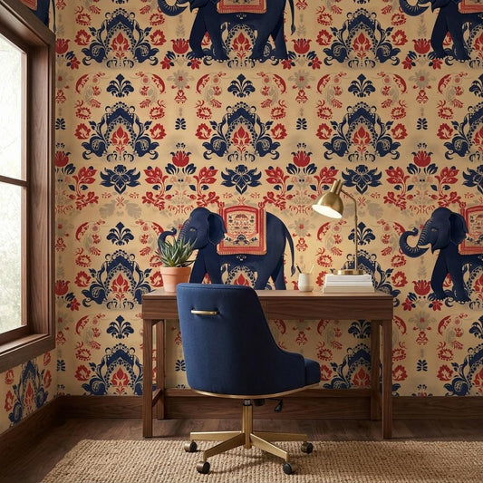 Indian Elephant Damask Traditional Bohemian Wallpaper, Exotic Animal Wall Mural, Maximalist Home Decor, Navy Blue Accent Wall-WP0177