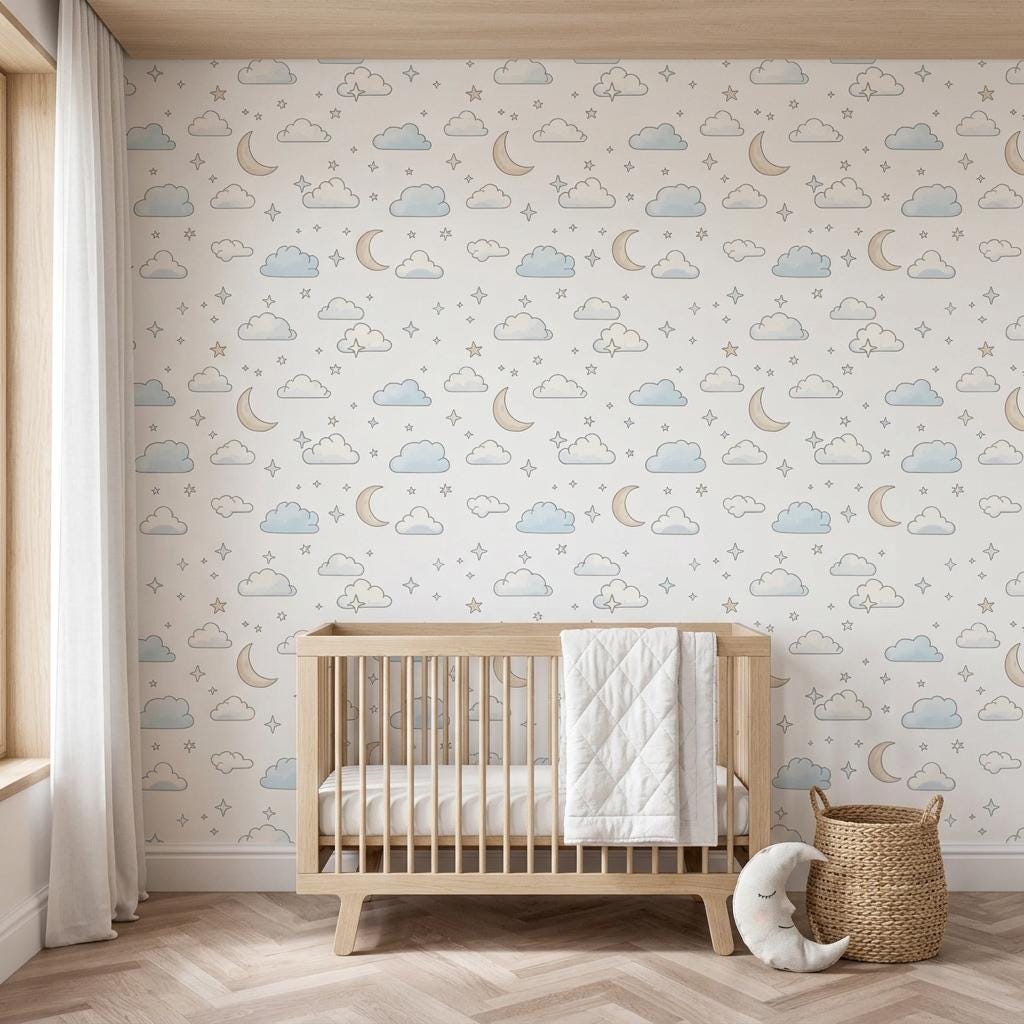 Whimsical Celestial Clouds Wallpaper in Soft Blue, Nursery Wall Decor, Moon and Stars Peel and Stick, Neutral Gender Boho Room Art-WP0178