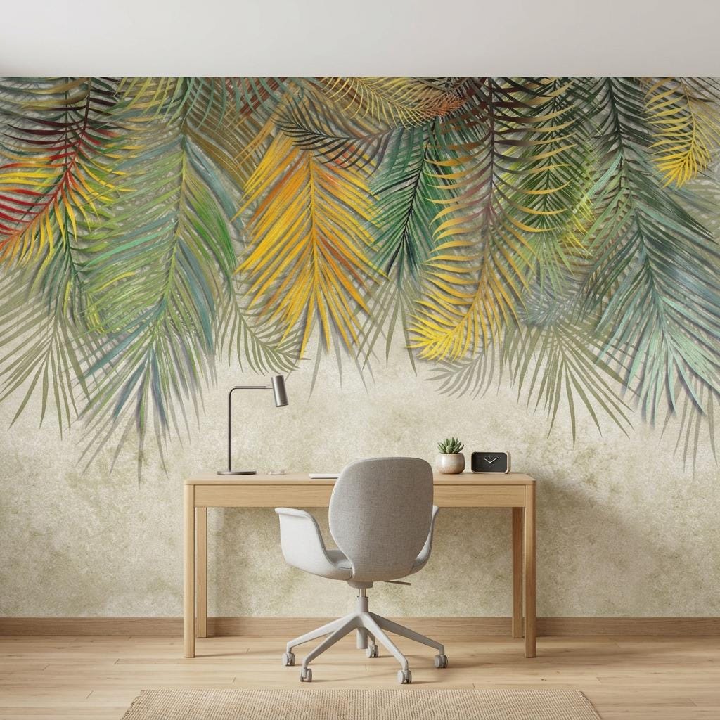 Tropical Palm Leaf Watercolor Mural, Boho Botanical Wallpaper, Jungle Wall Art-WP0179