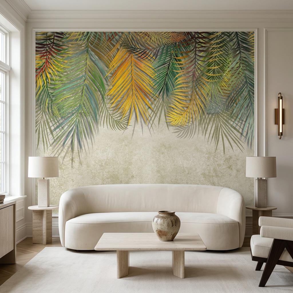 Tropical Palm Leaf Watercolor Mural, Boho Botanical Wallpaper, Jungle Wall Art-WP0179