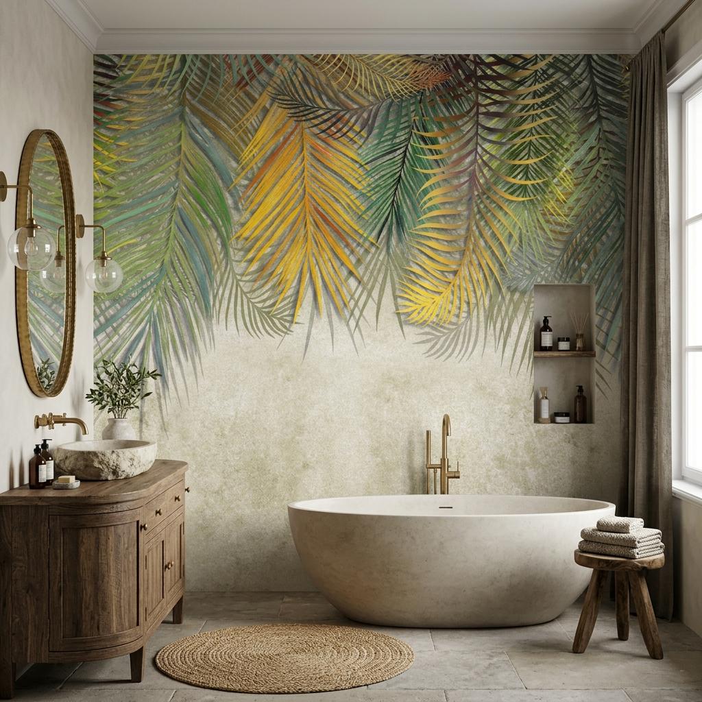 Tropical Palm Leaf Watercolor Mural, Boho Botanical Wallpaper, Jungle Wall Art-WP0179