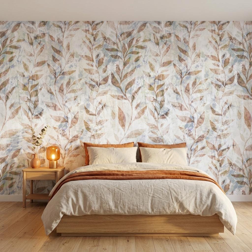 Abstract Botanical Wallpaper, Terracotta Leaf Peel and Stick Wallpaper, Neutral Boho Wall Mural, Rustic Nature Decor-WP0182