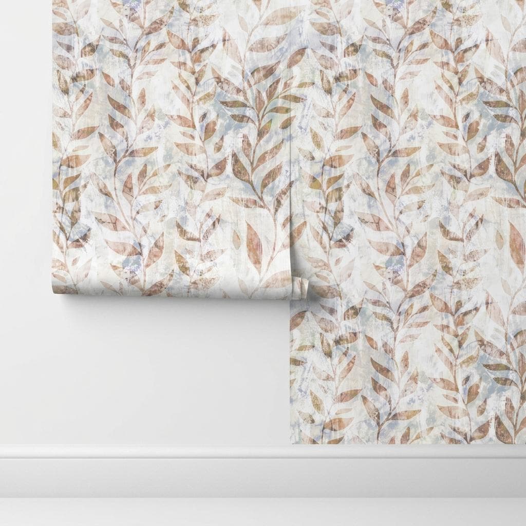 Abstract Botanical Wallpaper, Terracotta Leaf Peel and Stick Wallpaper, Neutral Boho Wall Mural, Rustic Nature Decor-WP0182