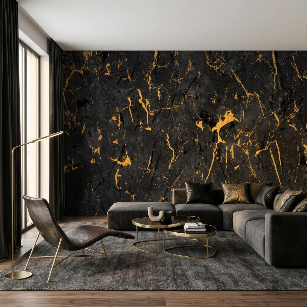 Gold Veined Black Marble Wallpaper Mural, Luxury Stone Art Deco Accent Wall-WP0183