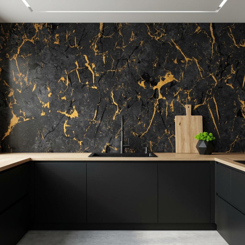 Gold Veined Black Marble Wallpaper Mural, Luxury Stone Art Deco Accent Wall-WP0183