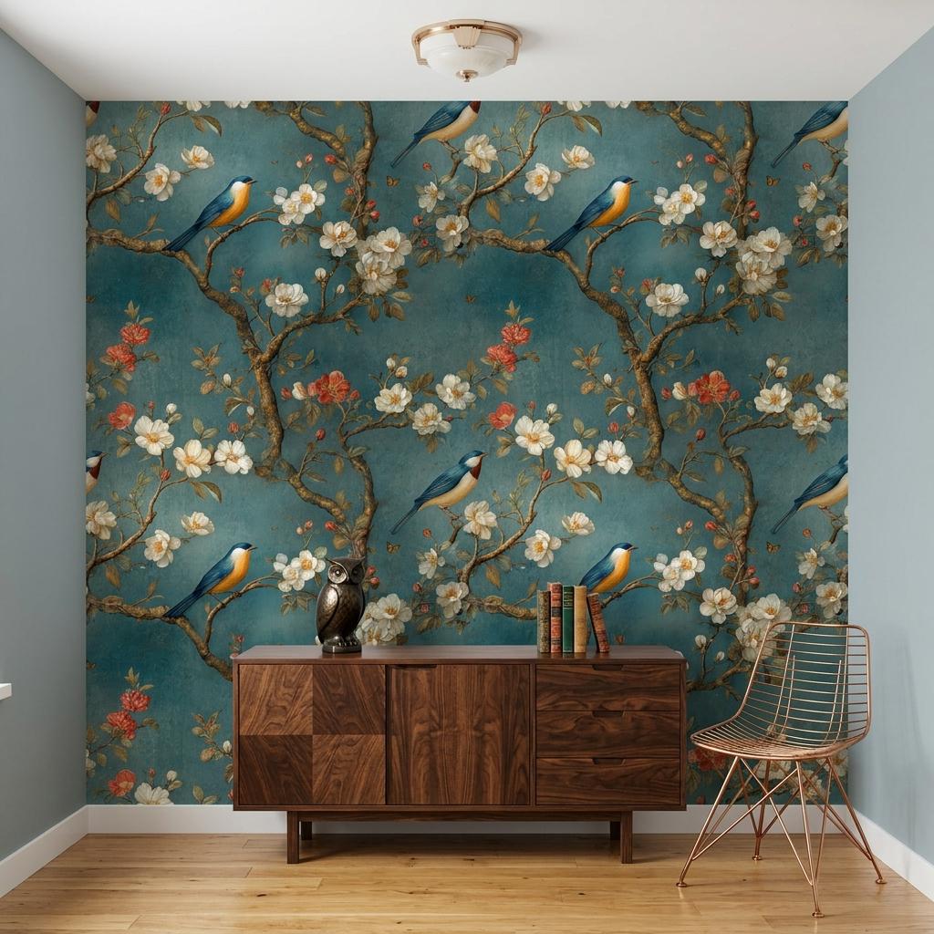 Chinoiserie Floral Bird Teal Wallpaper, Vintage Botanical Wall Mural, Maximalist Bedroom Art-WP0184