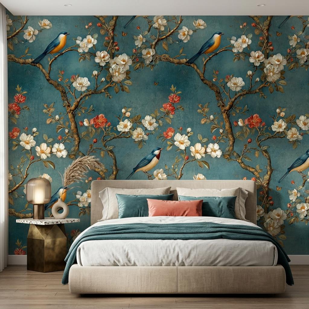 Chinoiserie Floral Bird Teal Wallpaper, Vintage Botanical Wall Mural, Maximalist Bedroom Art-WP0184