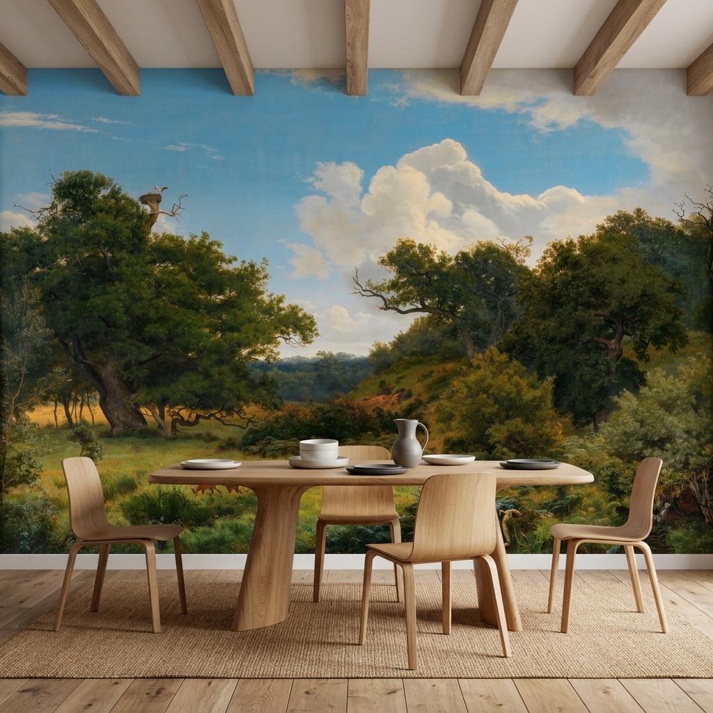 Vintage Landscape Oil Painting Wallpaper Mural, Scenic Nature Wall Decor, Traditional Pastoral Art, Large Scale Wall Decal-WP0189