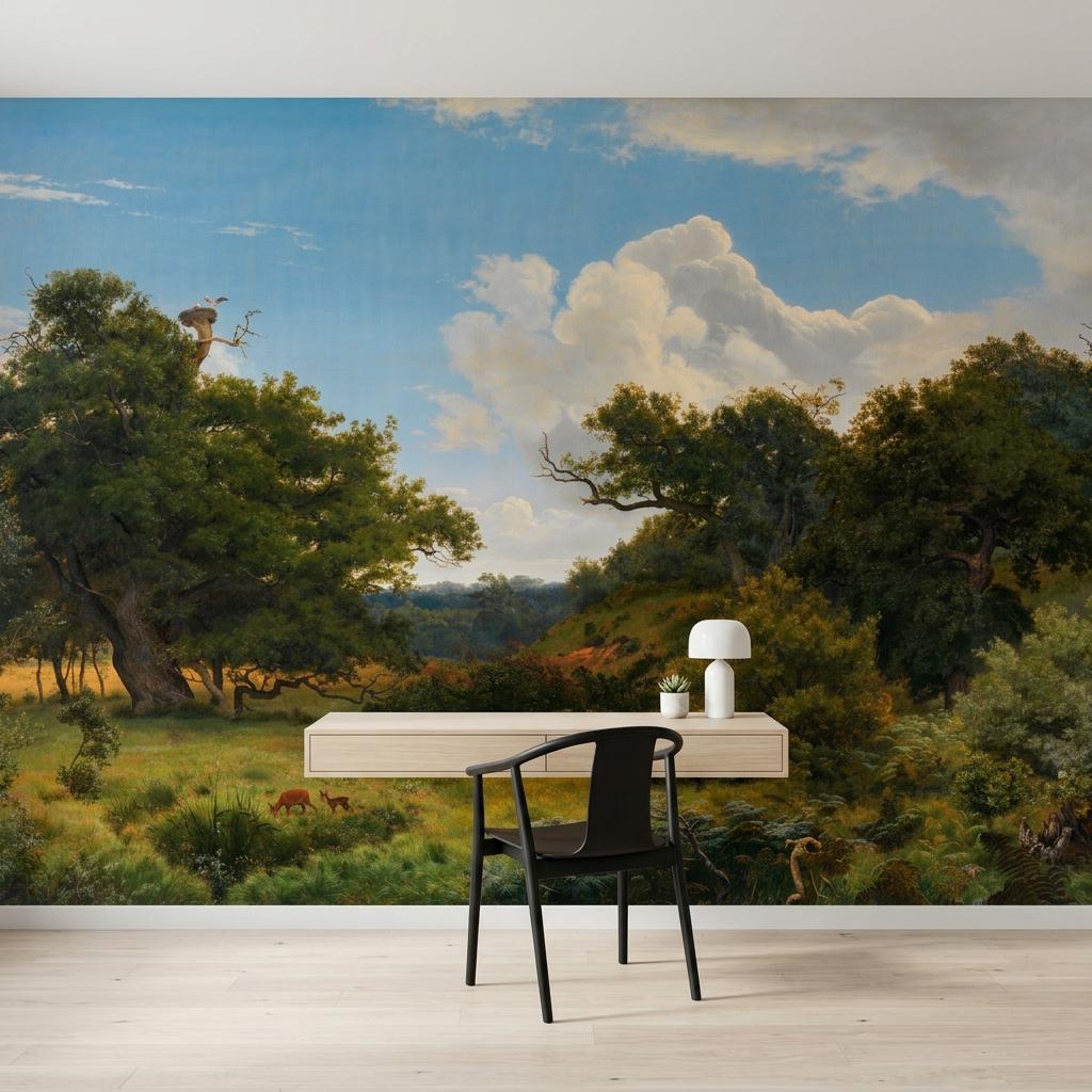Vintage Landscape Oil Painting Wallpaper Mural, Scenic Nature Wall Decor, Traditional Pastoral Art, Large Scale Wall Decal-WP0189