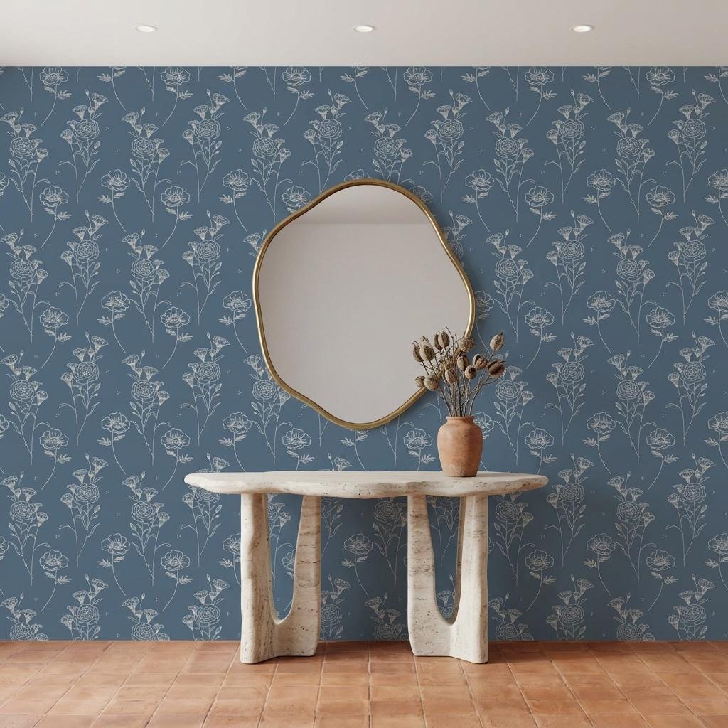 Blue Floral Line Art Wallpaper, Minimalist Botanical Wall Mural Peel and Stick