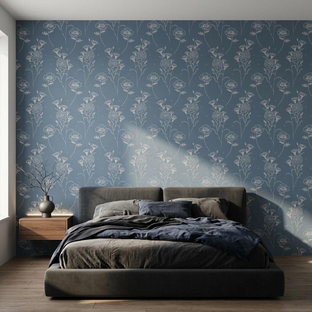 Blue Floral Line Art Wallpaper, Minimalist Botanical Wall Mural Peel and Stick