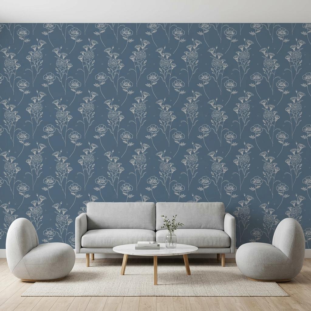 Blue Floral Line Art Wallpaper, Minimalist Botanical Wall Mural Peel and Stick
