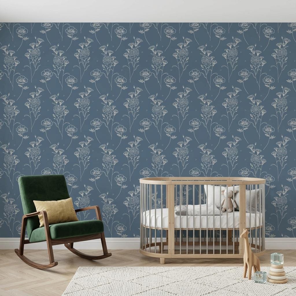 Blue Floral Line Art Wallpaper, Minimalist Botanical Wall Mural Peel and Stick