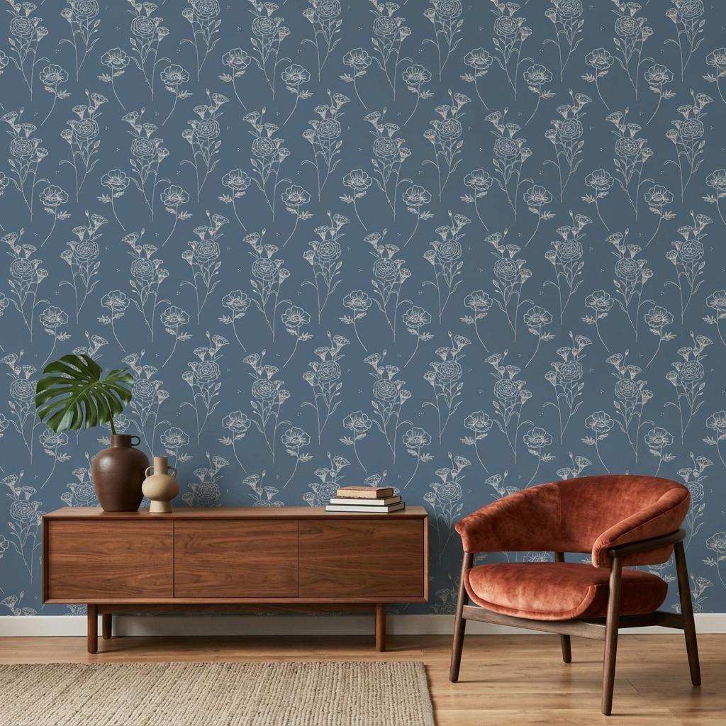Blue Floral Line Art Wallpaper, Minimalist Botanical Wall Mural Peel and Stick