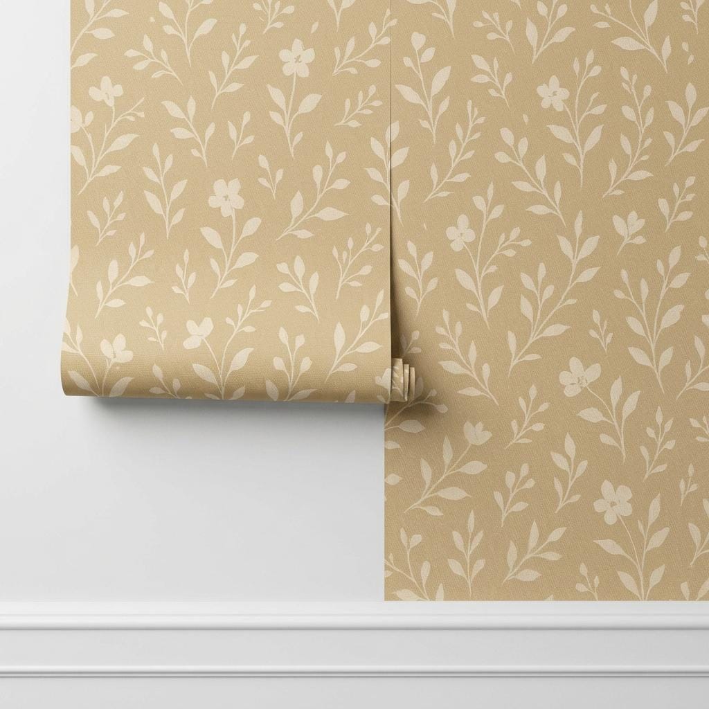 Minimalist Ochre Floral Wallpaper, Linen Texture Peel and Stick Botanical Decor for Boho Nursery-WP0191