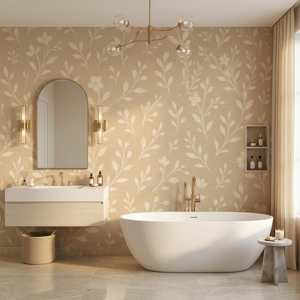 Minimalist Ochre Floral Wallpaper, Linen Texture Peel and Stick Botanical Decor for Boho Nursery-WP0191