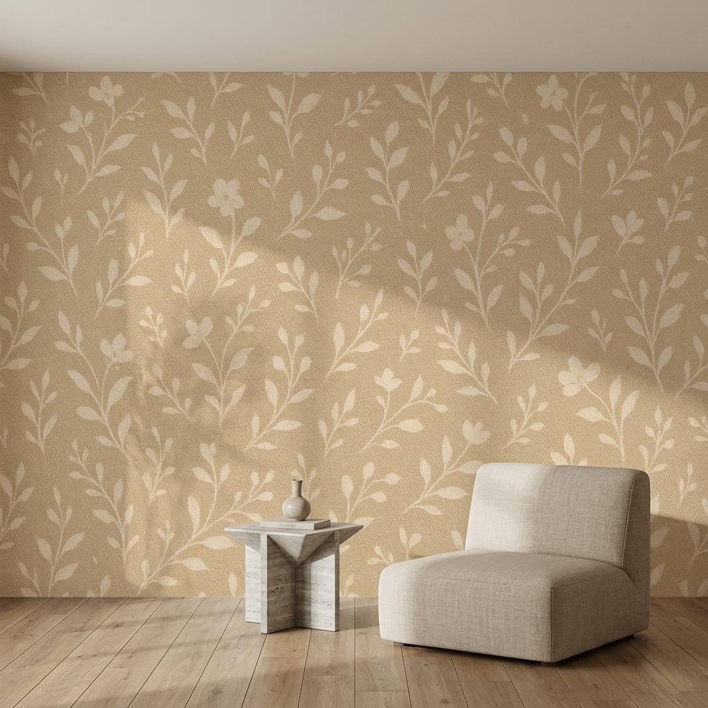 Minimalist Ochre Floral Wallpaper, Linen Texture Peel and Stick Botanical Decor for Boho Nursery-WP0191