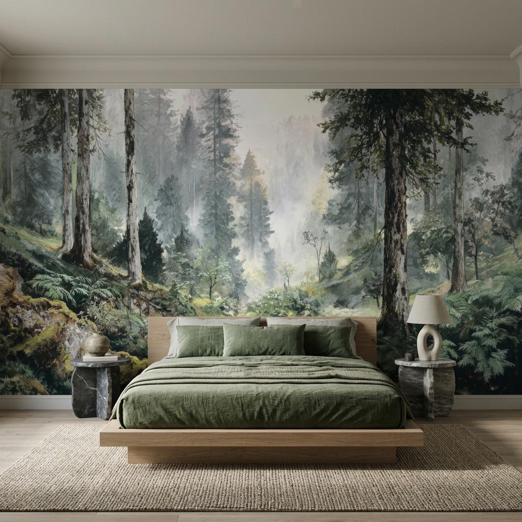 Misty Green Vintage Pine Forest Wallpaper, Moody Woodland Mural for Victorian Decor-WP0192