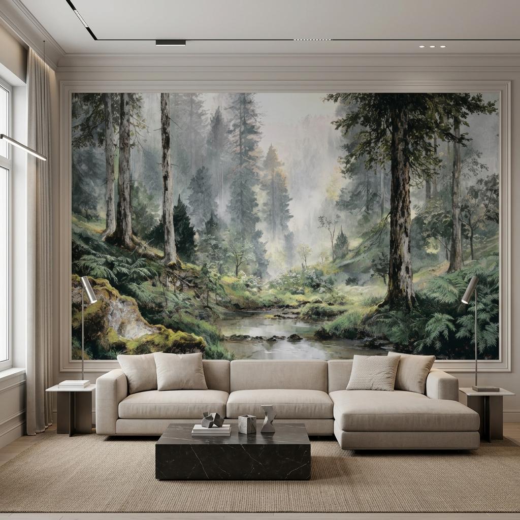 Misty Green Vintage Pine Forest Wallpaper, Moody Woodland Mural for Victorian Decor-WP0192
