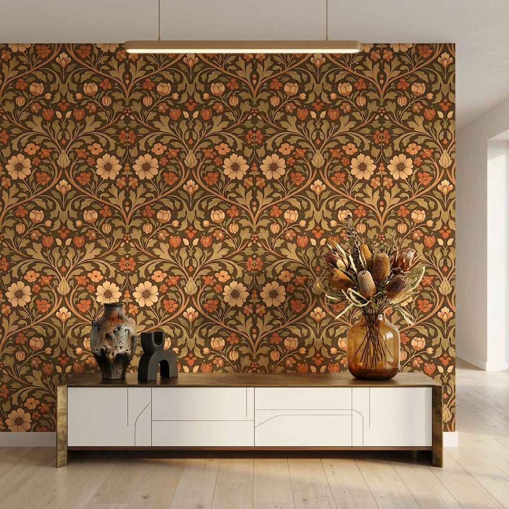 William Morris Floral Wallpaper Terracotta Earthy Botanical Mural, Vintage Arts and Crafts Decor, Retro Victorian Aesthetic Wall Art-WP0193