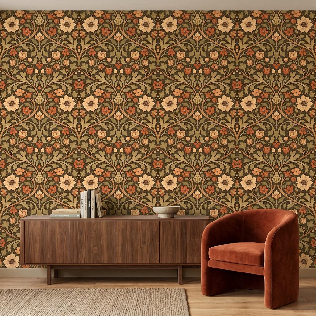 William Morris Floral Wallpaper Terracotta Earthy Botanical Mural, Vintage Arts and Crafts Decor, Retro Victorian Aesthetic Wall Art-WP0193