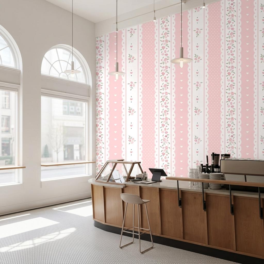 Coquette Floral Lace Wallpaper, Pink Shabby Chic Striped Nursery Mural